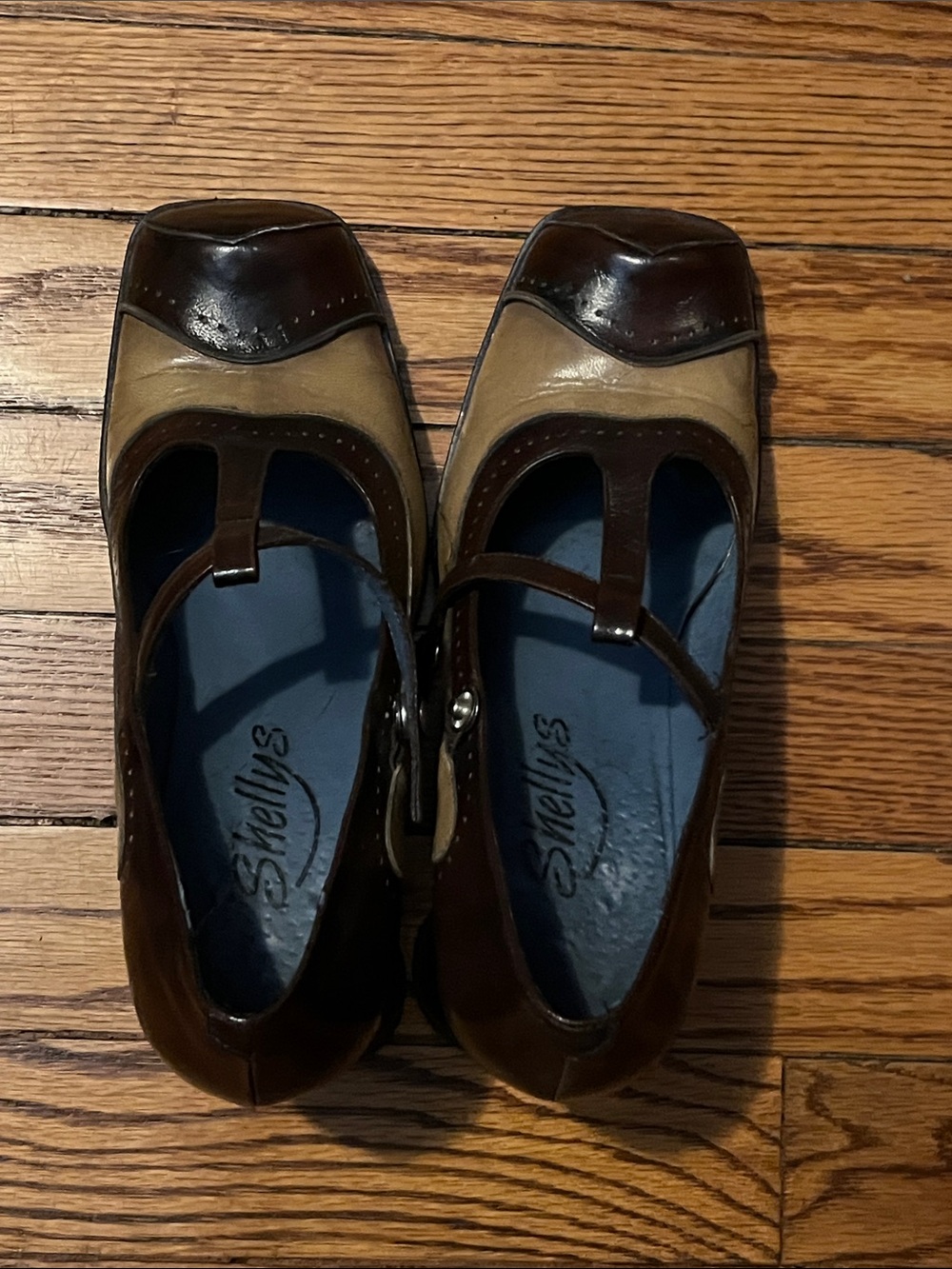 Shellys Brown and Tan Leather Mary Jane Flats